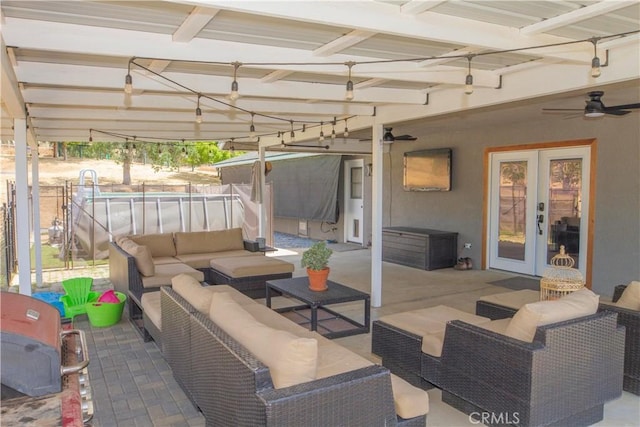 33708 Bronco Ln, Squaw Valley, CA 93675 - view of patio / terrace with french doors, an outdoor hangout area, and a ceiling fan