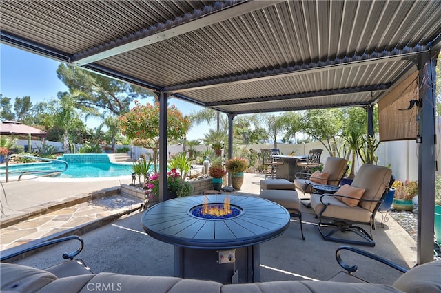 27071 Crews Hill Dr, Menifee, CA 92586 - view of patio / terrace featuring a fire pit, an outdoor pool, and outdoor dining area