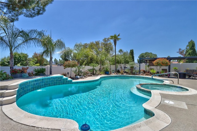 27071 Crews Hill Dr, Menifee, CA 92586 - view of pool featuring a fenced backyard, a pool with connected hot tub, and a patio area