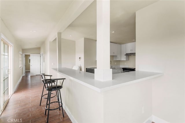 10010 S San Pedro St, Los Angeles, CA 90003 - kitchen with stove, a peninsula, dark wood finished floors, light countertops, and baseboards