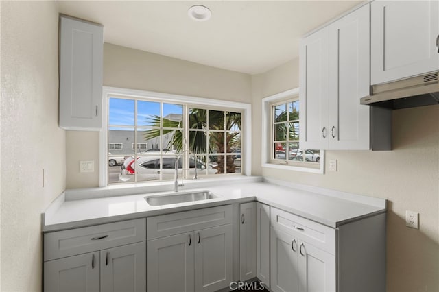 10010 S San Pedro St, Los Angeles, CA 90003 - kitchen featuring a sink, light countertops, white cabinetry, and under cabinet range hood