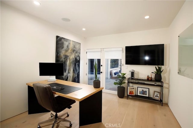 3863 Sherwood Pl, Sherman Oaks, CA 91423 - home office featuring french doors, light wood-style floors, and recessed lighting