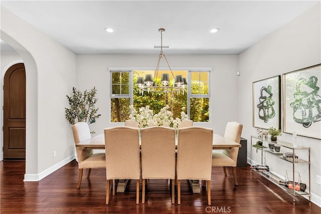 28181 Via Del Mar, San Juan Capistrano, CA 92675 - dining area with baseboards, wood finished floors, arched walkways, a chandelier, and recessed lighting