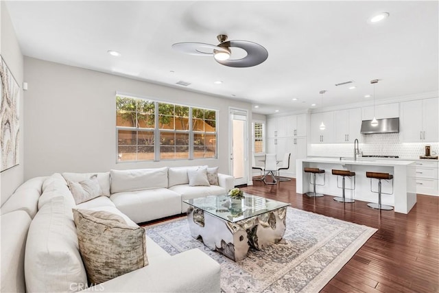 28181 Via Del Mar, San Juan Capistrano, CA 92675 - living room with ceiling fan, recessed lighting, and dark wood-style flooring