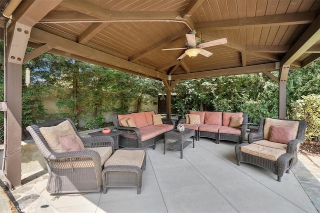 2515 Armour Ln, Redondo Beach, CA 90278 - fenced backyard with a gazebo, outdoor lounge area, a ceiling fan, and a patio