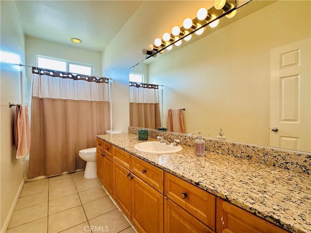 700 Meyer Ln, Redondo Beach, CA 90277 - bathroom featuring vanity, tile patterned floors, toilet, a shower with shower curtain, and baseboards