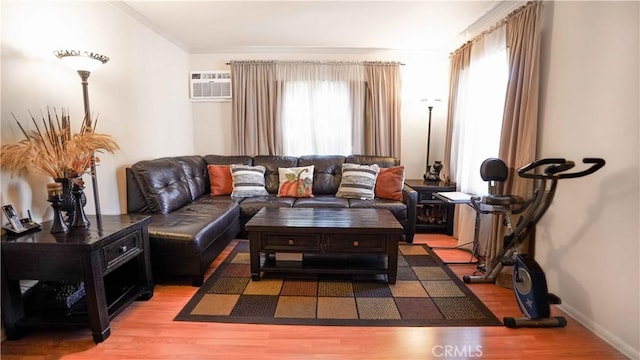 120 Lukens Pl, Glendale, CA 91206 - living room with wood finished floors, a wall mounted AC, crown molding, and baseboards