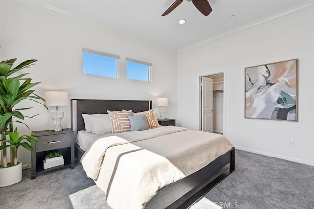 5547 Strand Unit 101, Hawthorne, CA 90250 - bedroom featuring carpet, crown molding, a spacious closet, ceiling fan, and recessed lighting