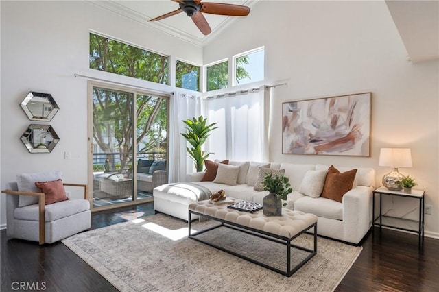 5547 Strand Unit 101, Hawthorne, CA 90250 - living area featuring wood finished floors, ceiling fan, ornamental molding, high vaulted ceiling, and baseboards