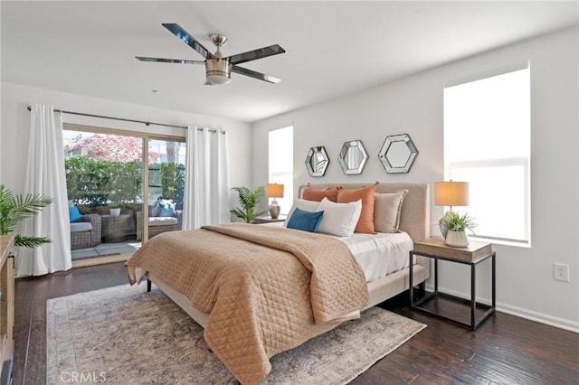 5547 Strand Unit 101, Hawthorne, CA 90250 - bedroom with access to outside, dark wood-style flooring, baseboards, and a ceiling fan