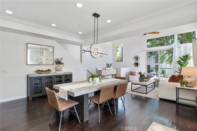 5547 Strand Unit 101, Hawthorne, CA 90250 - dining area featuring a chandelier, dark wood finished floors, crown molding, and recessed lighting