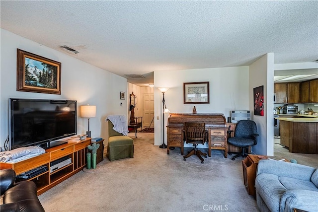 28030 Northwood Dr, Menifee, CA 92586 - living area featuring light colored carpet, a textured ceiling, and an office area