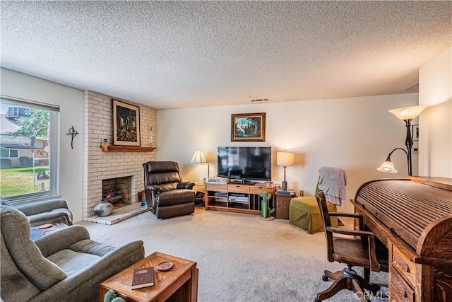 28030 Northwood Dr, Menifee, CA 92586 - carpeted living room featuring a fireplace and a textured ceiling