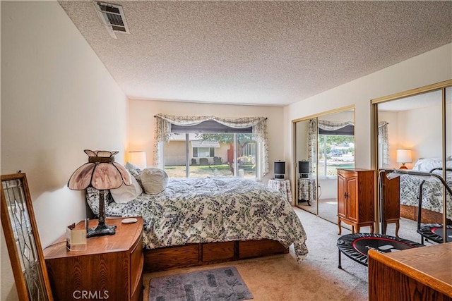 28030 Northwood Dr, Menifee, CA 92586 - bedroom with light carpet, a textured ceiling, and two closets