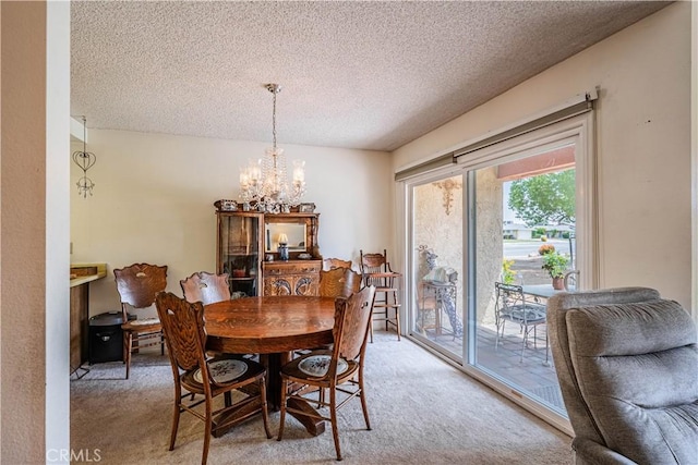 28030 Northwood Dr, Menifee, CA 92586 - dining space featuring a chandelier, light carpet, and a textured ceiling