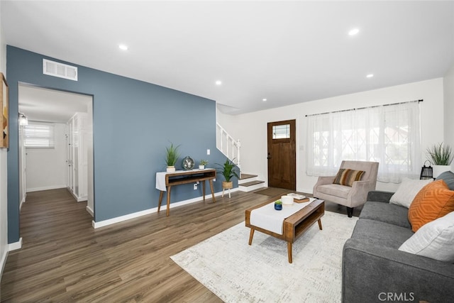 6082 Bannock Rd, Westminster, CA 92683 - living room featuring stairway, wood finished floors, baseboards, and recessed lighting