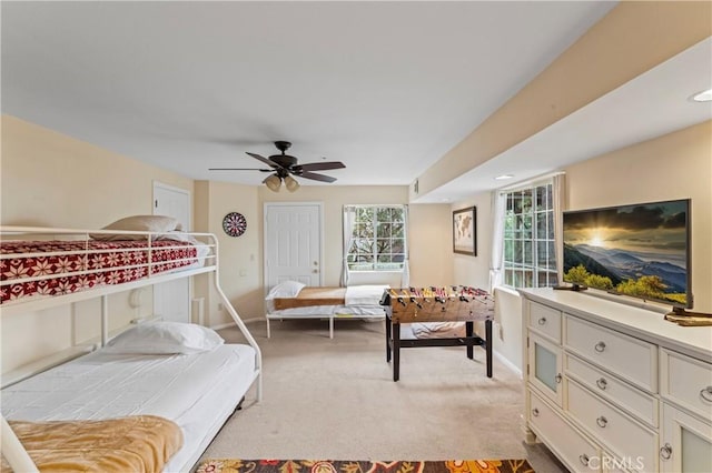 1285 Yukon Dr, Lake Arrowhead, CA 92352 - bedroom with light carpet, baseboards, and a ceiling fan