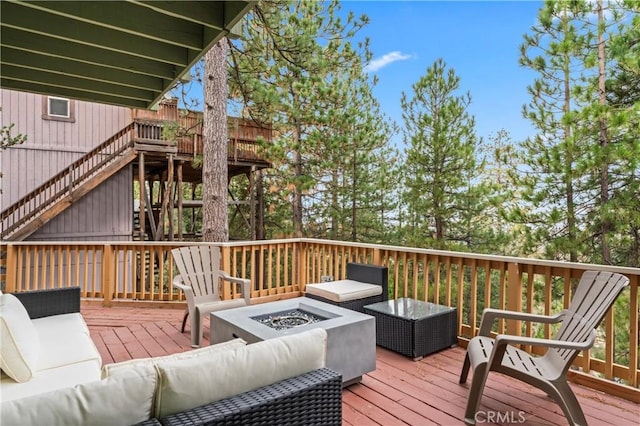 1285 Yukon Dr, Lake Arrowhead, CA 92352 - wooden terrace featuring an outdoor living space with a fire pit and stairs
