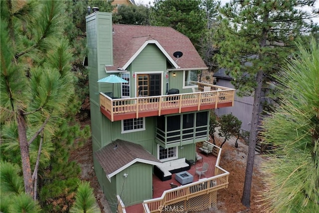 1285 Yukon Dr, Lake Arrowhead, CA 92352 - back of house with a deck, a chimney, and roof with shingles