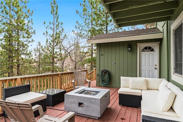 1285 Yukon Dr, Lake Arrowhead, CA 92352 - wooden deck with an outdoor living space with a fire pit