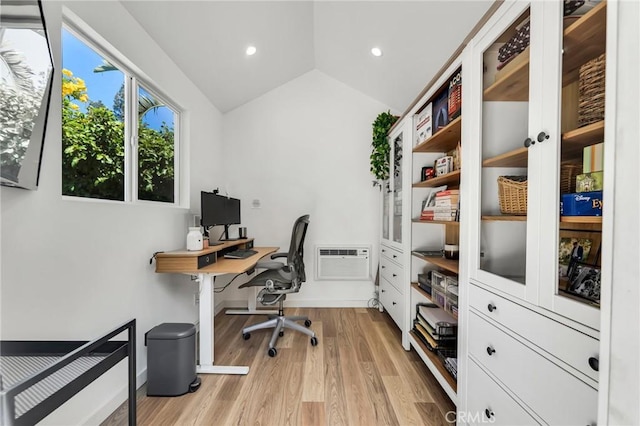 7612 Vicky Ave, West Hills, CA 91304 - office space featuring lofted ceiling, a wall unit AC, light wood-style flooring, recessed lighting, and baseboards