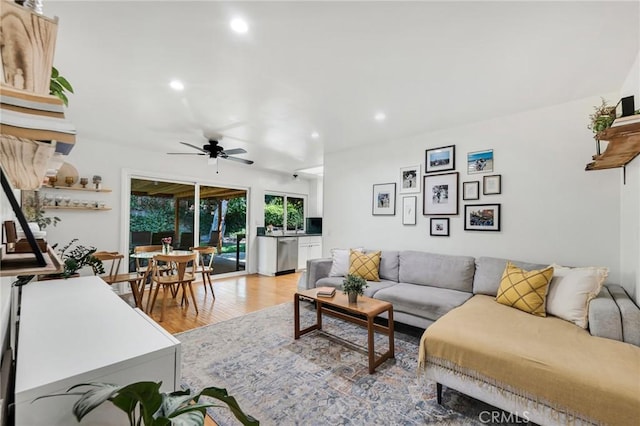 7612 Vicky Ave, West Hills, CA 91304 - living area featuring light wood-type flooring, a ceiling fan, and recessed lighting