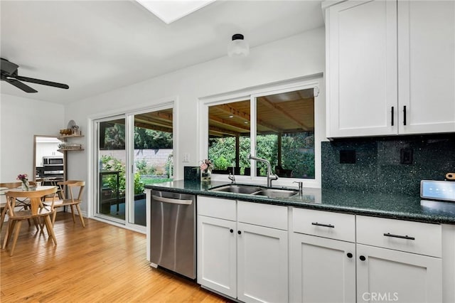 7612 Vicky Ave, West Hills, CA 91304 - kitchen with stainless steel dishwasher, a sink, light wood-type flooring, tasteful backsplash, and white cabinets