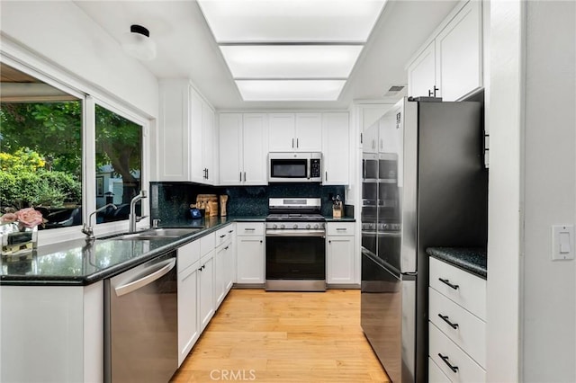 7612 Vicky Ave, West Hills, CA 91304 - kitchen with appliances with stainless steel finishes, a sink, white cabinets, backsplash, and light wood-style floors