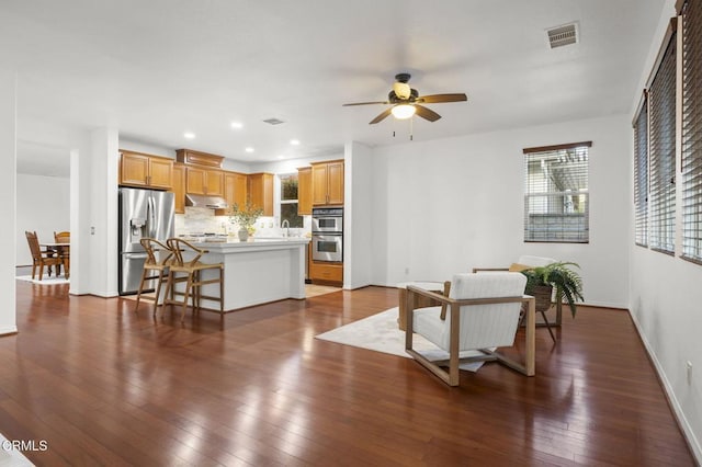 3806 Golden Pond Dr, Camarillo, CA 93012 - living area with a ceiling fan, dark wood-style flooring, baseboards, and recessed lighting