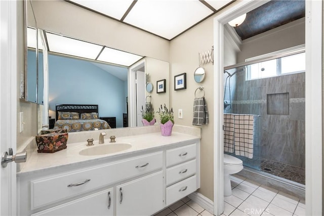454 E Merrimac St, Upland, CA 91784 - full bath featuring ensuite bathroom, vanity, a shower stall, and tile patterned flooring