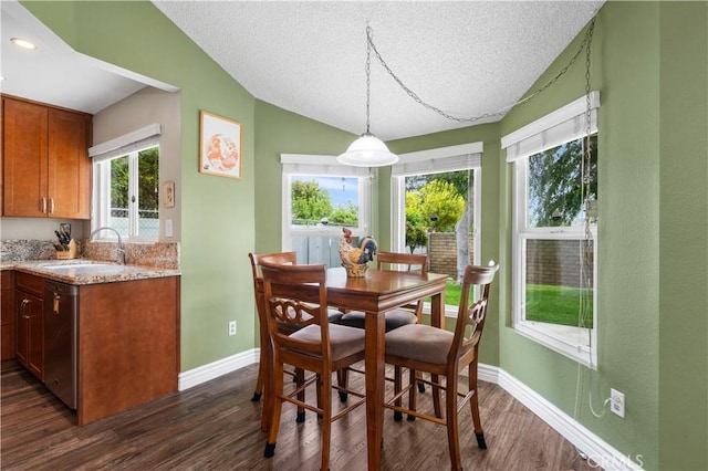 454 E Merrimac St, Upland, CA 91784 - dining space featuring vaulted ceiling, dark wood-style flooring, baseboards, a textured ceiling, and recessed lighting