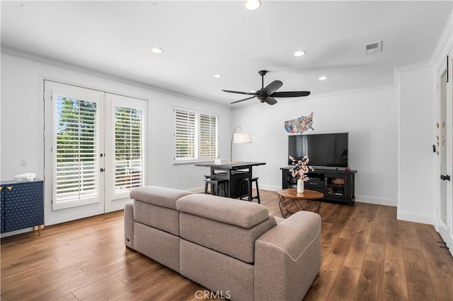 2229 N 3rd Ave, Upland, CA 91784 - living area featuring french doors, recessed lighting, wood-type flooring, crown molding, and a ceiling fan