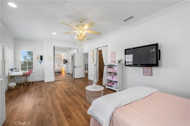 2229 N 3rd Ave, Upland, CA 91784 - bedroom with ornamental molding, wood finished floors, recessed lighting, baseboards, and a ceiling fan
