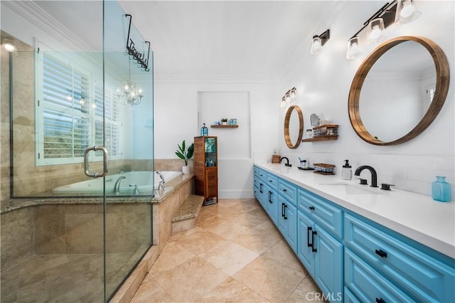 2229 N 3rd Ave, Upland, CA 91784 - full bathroom with double vanity, a bath, ornamental molding, a stall shower, and backsplash