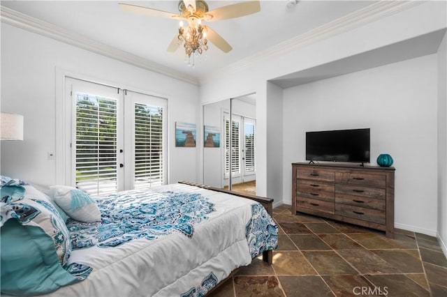 2229 N 3rd Ave, Upland, CA 91784 - bedroom featuring access to outside, crown molding, stone finish flooring, baseboards, and ceiling fan