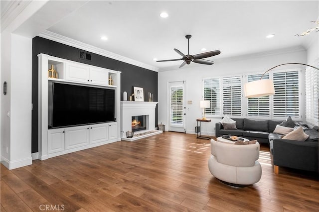 2229 N 3rd Ave, Upland, CA 91784 - living room with crown molding, hardwood / wood-style flooring, a ceiling fan, baseboards, and recessed lighting
