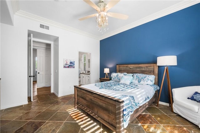 2229 N 3rd Ave, Upland, CA 91784 - bedroom with stone tile flooring, baseboards, crown molding, and ceiling fan