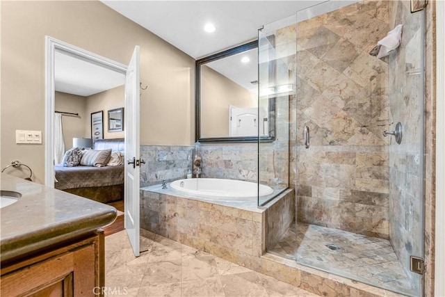 638 Sierra Madre Blvd Unit D, Sierra Madre, CA 91024 - ensuite bathroom with vanity, a garden tub, a shower stall, and marble look tiles