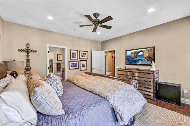 638 Sierra Madre Blvd Unit D, Sierra Madre, CA 91024 - bedroom featuring wood finished floors, recessed lighting, baseboards, ensuite bathroom, and ceiling fan