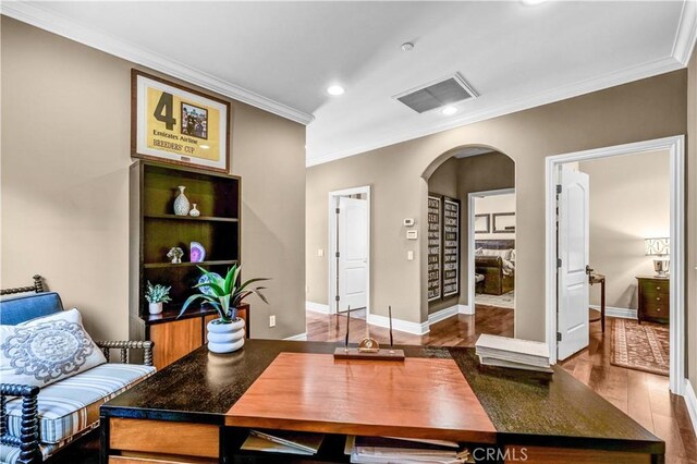 638 Sierra Madre Blvd Unit D, Sierra Madre, CA 91024 - home office featuring arched walkways, ornamental molding, recessed lighting, wood finished floors, and baseboards