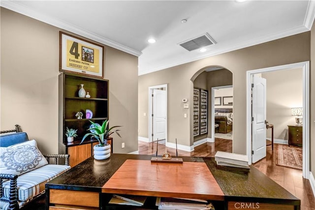 638 Sierra Madre Blvd Unit D, Sierra Madre, CA 91024 - office space with arched walkways, crown molding, wood finished floors, and recessed lighting