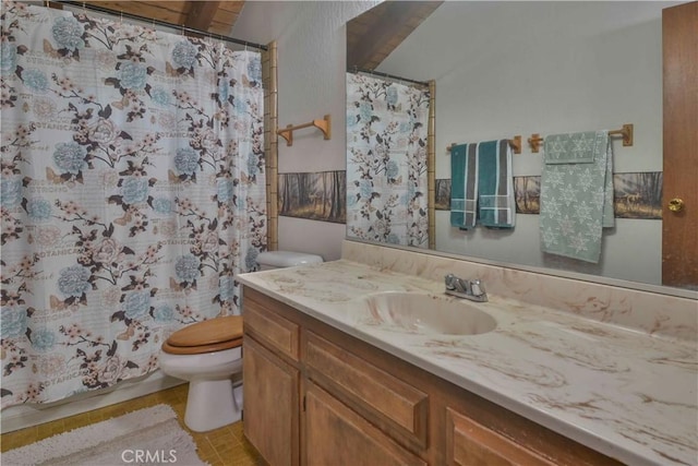 1353 Golden Rule Ln, Lake Arrowhead, CA 92352 - bathroom with toilet, vanity, a shower with curtain, and tile patterned floors