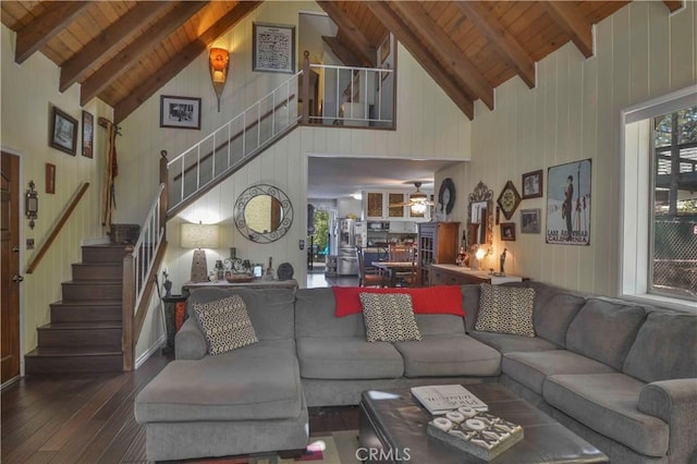 1353 Golden Rule Ln, Lake Arrowhead, CA 92352 - living area with wooden ceiling with exposed beams, hardwood / wood-style floors, high vaulted ceiling, stairs, and wooden walls