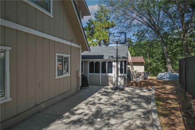 1353 Golden Rule Ln, Lake Arrowhead, CA 92352 - view of home's exterior featuring a patio and a shingled roof