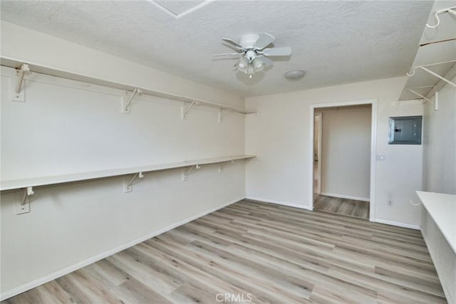 9920 Sage St, Oak Hills, CA 92344 - walk in closet featuring electric panel, wood finished floors, and ceiling fan