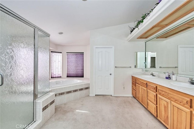 9920 Sage St, Oak Hills, CA 92344 - bathroom with double vanity, a bath, and a shower stall