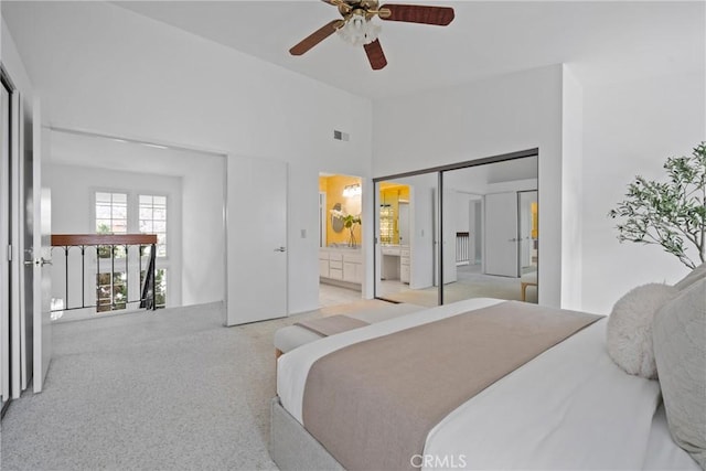 43 W Yale Loop Unit 29, Irvine, CA 92604 - carpeted bedroom with ensuite bath, a high ceiling, a ceiling fan, and a closet