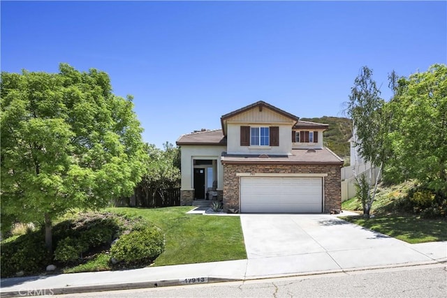 17913 Maplehurst Pl, Canyon Country, CA 91387 - craftsman-style home featuring stucco siding, a garage, concrete driveway, stone siding, and a front lawn