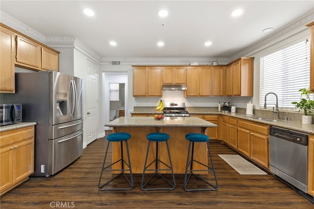 3883 Taconite Rd, San Bernardino, CA 92407 - kitchen with appliances with stainless steel finishes, a sink, under cabinet range hood, crown molding, and a kitchen island