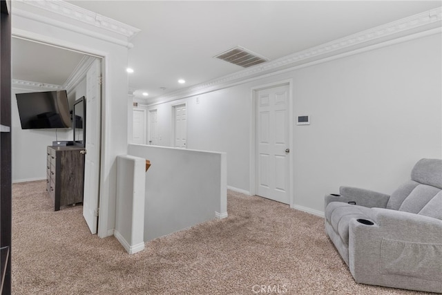 3883 Taconite Rd, San Bernardino, CA 92407 - living area with an upstairs landing, crown molding, carpet, baseboards, and recessed lighting